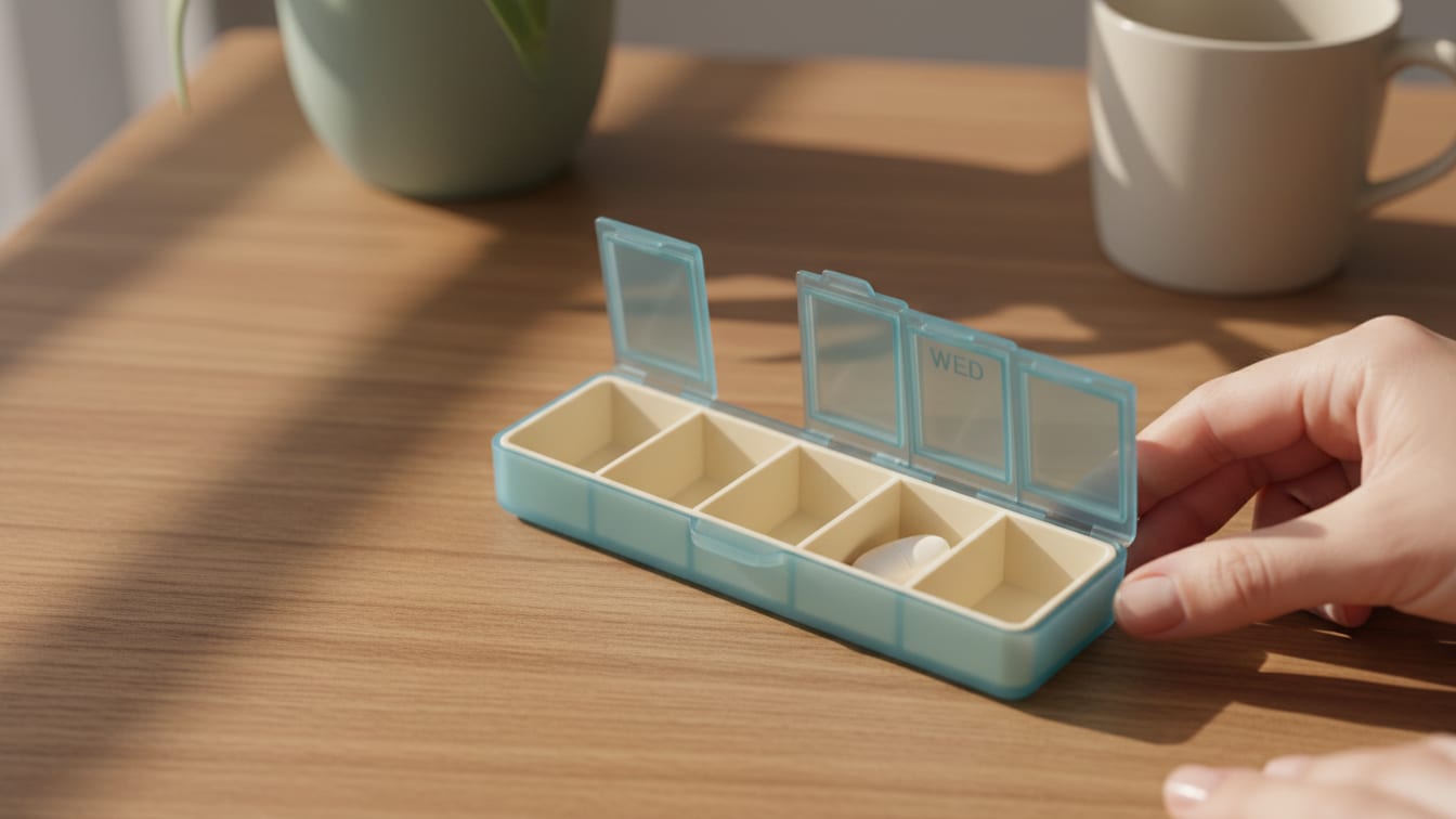 Illustration: An open weekly pill organizer with one pill inside, on a wooden surface.