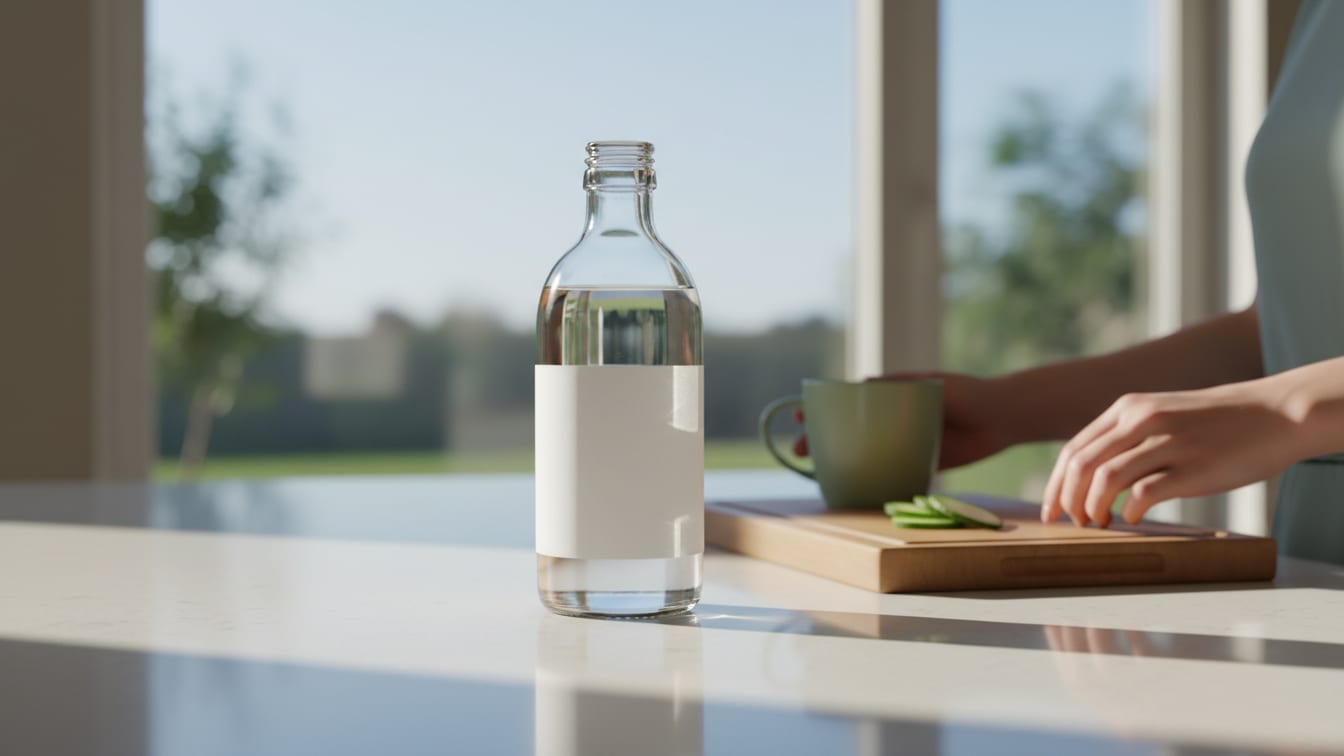 Illustration: A bottle of water on a kitchen counter in soft morning light.