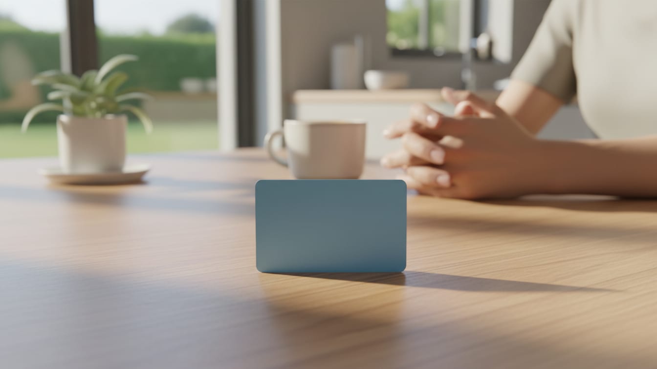 Illustration: A blank, soft blue payment card on a wooden surface in natural light.