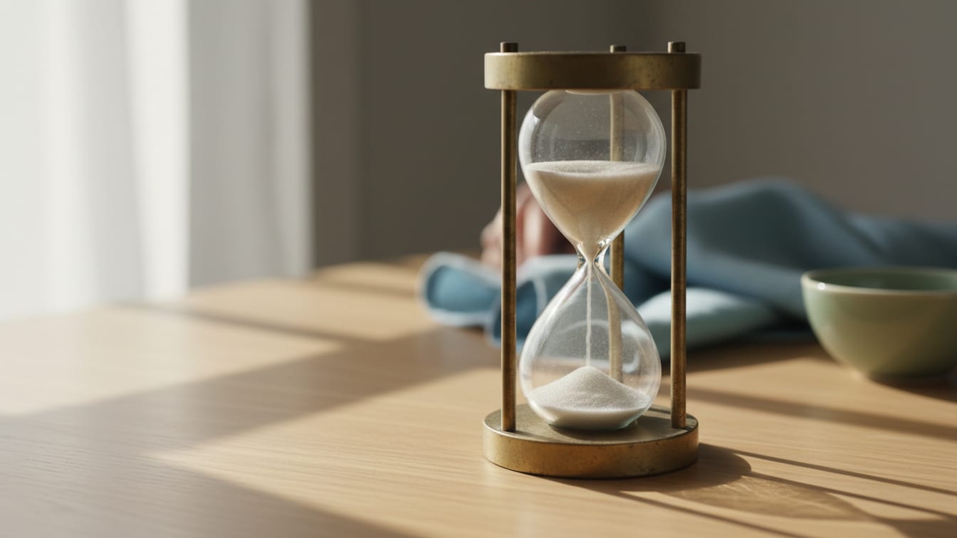 Illustration: An hourglass on a wooden surface, with sand flowing, lit by soft natural light.