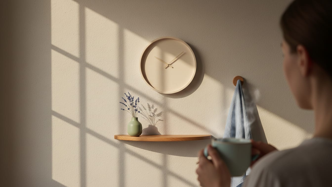 Illustration: A plain wall clock without numbers above a small shelf, lit by morning sun through a window.