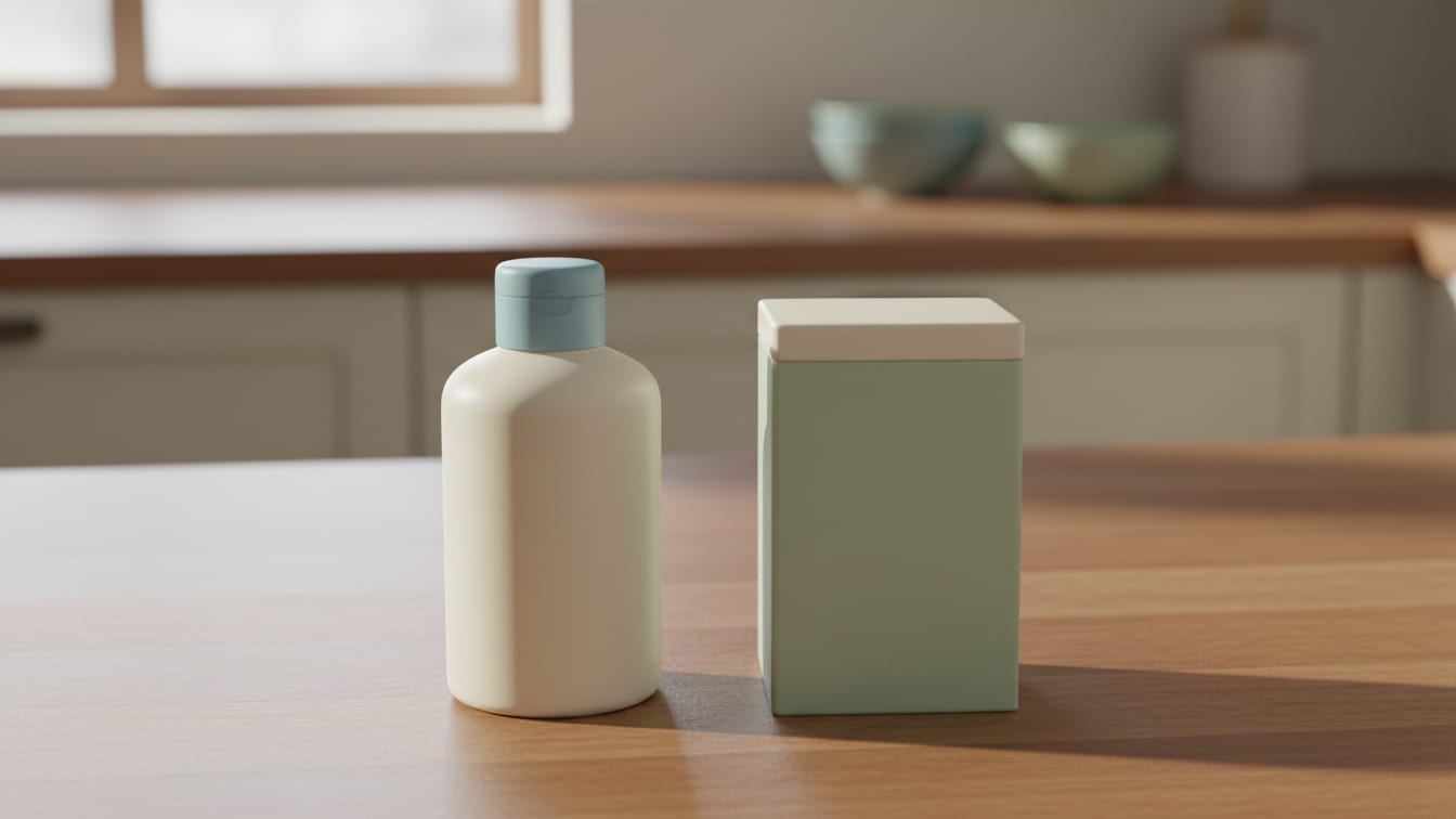Illustration: Two generic, unbranded medication boxes on a warm wooden surface in soft, natural light.