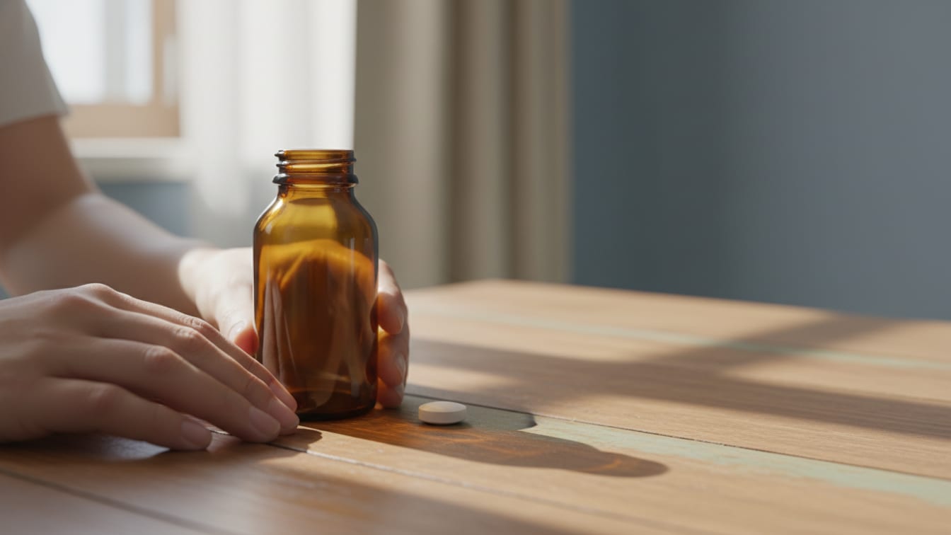 Illustration: An empty, unbranded medicine bottle and a single white pill on a wooden surface.