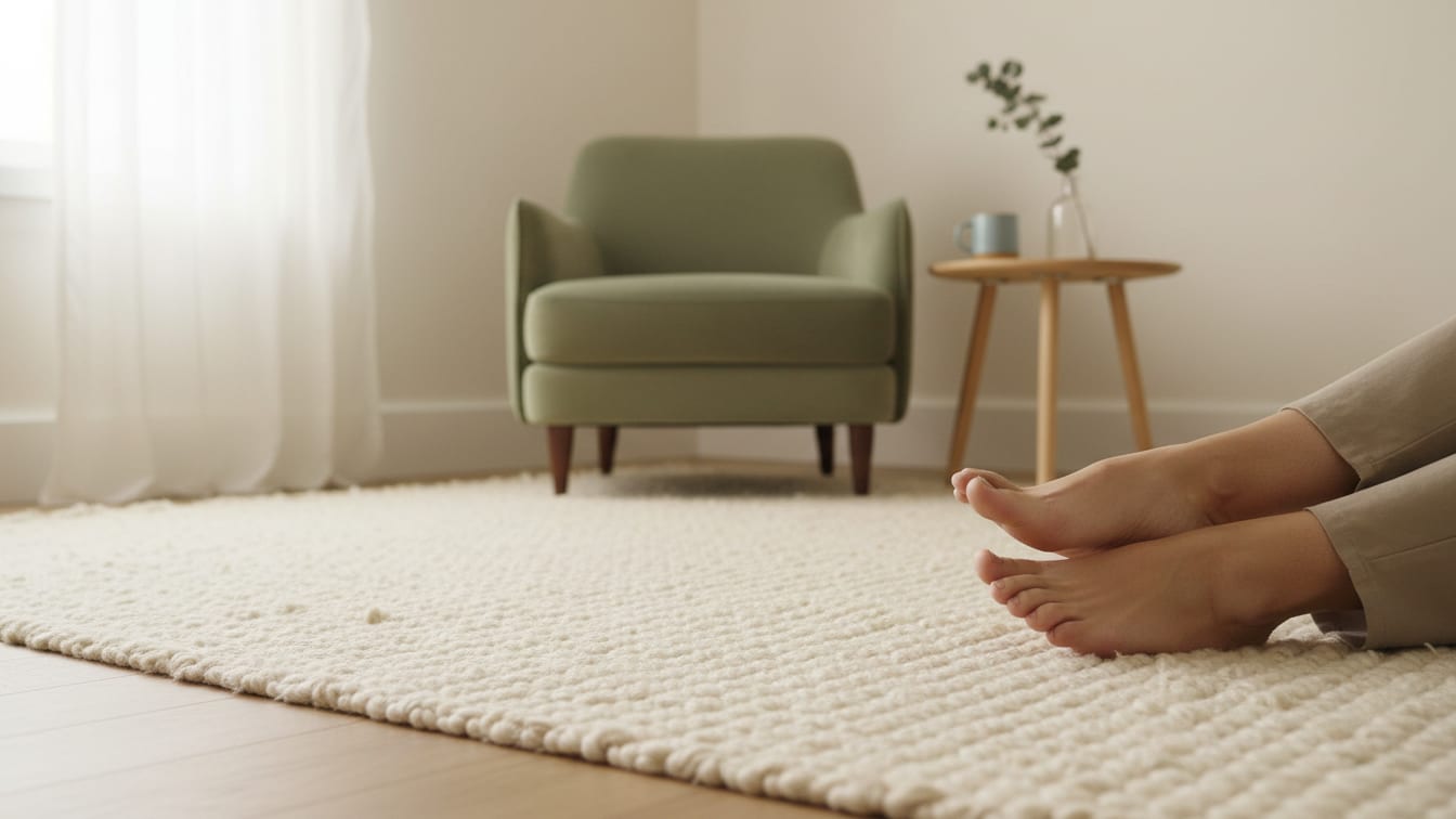 Illustration: Bare feet on a soft rug in a cream-colored room, illuminated by natural light.