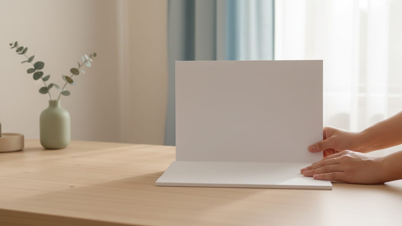Illustration: A blank white paper folder on a wooden desk, lit by natural light.