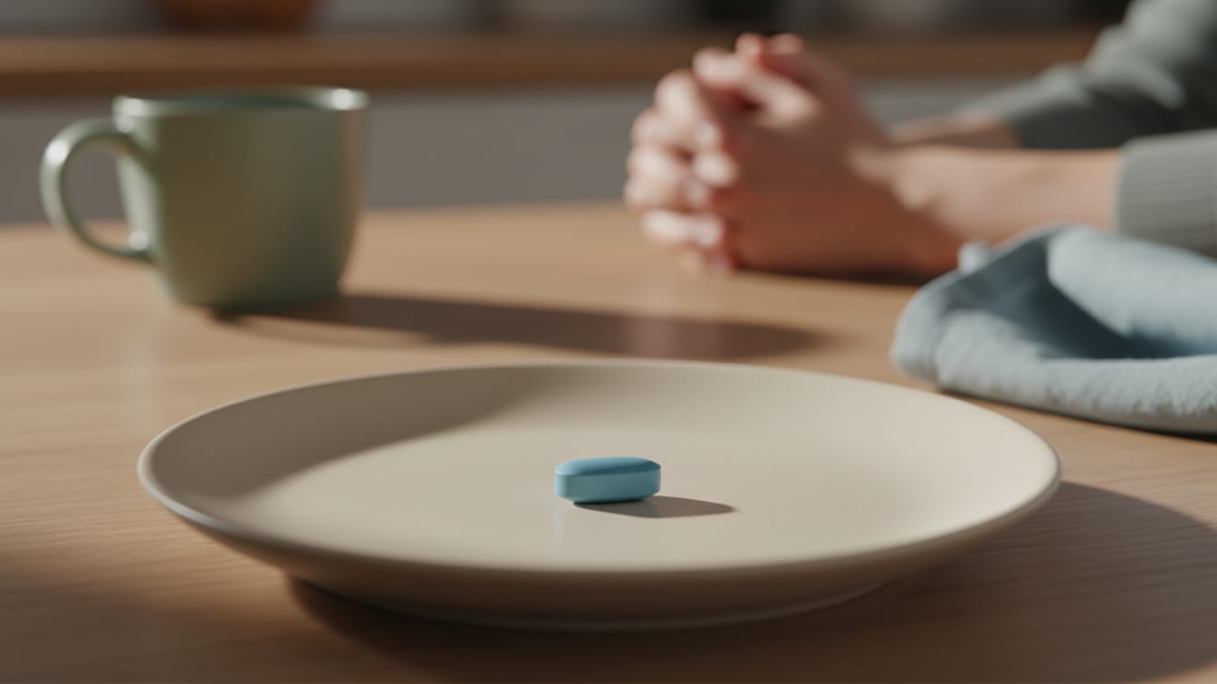 Illustration: A single, plain pill on a pale cream surface, softly lit by natural light.