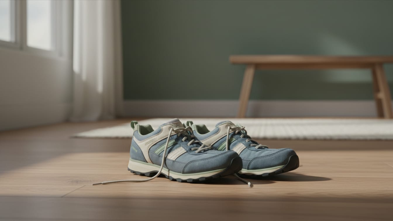 Illustration: Walking shoes on a wooden floor in a naturally lit room.