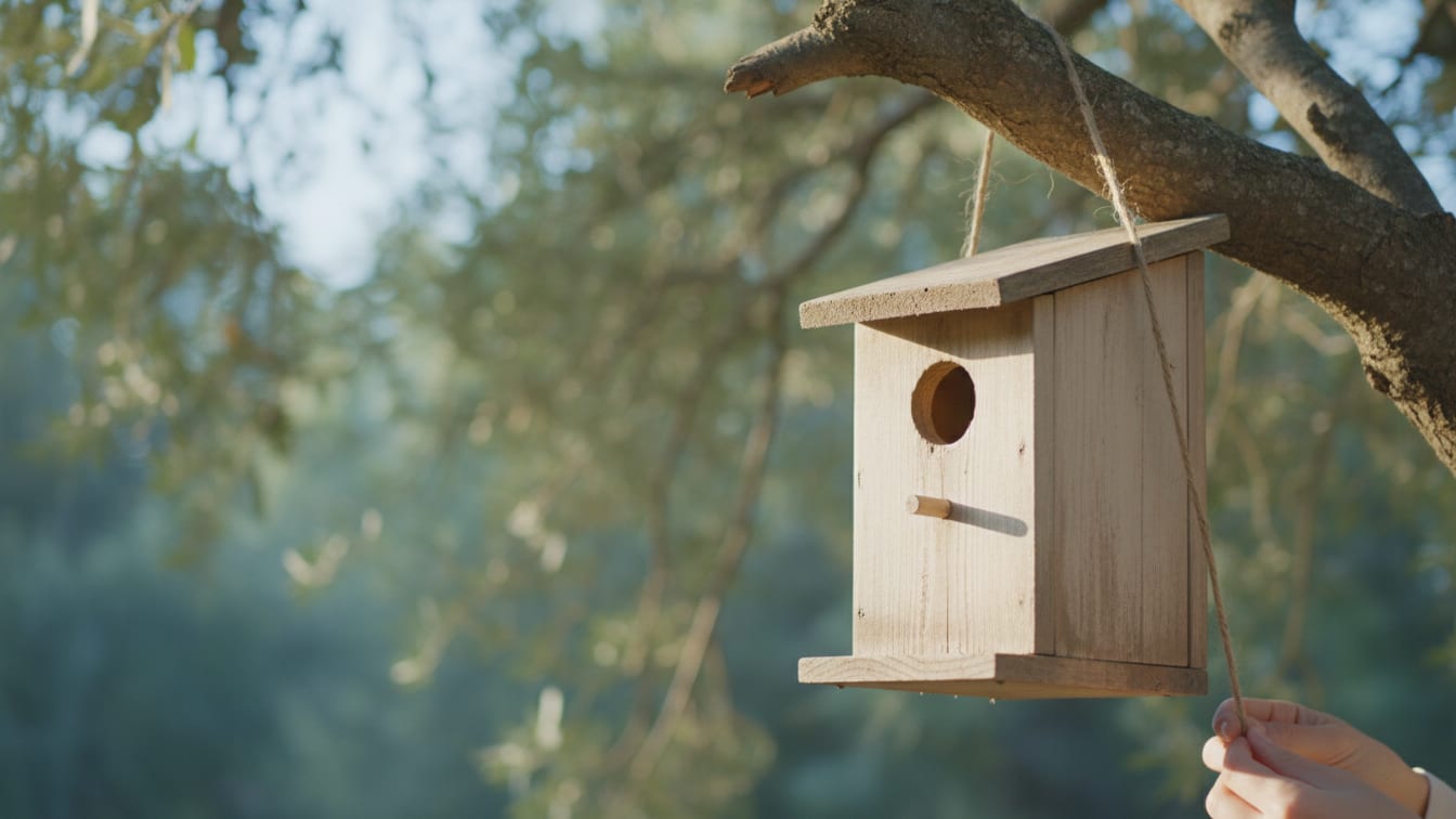 Illustration: A wooden birdhouse in soft morning light against sage green foliage.