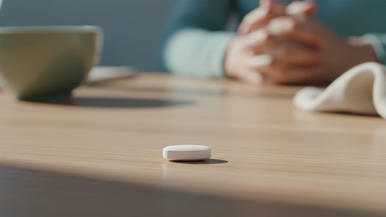 Illustration: A single white tablet on a warm wooden surface in soft natural light.