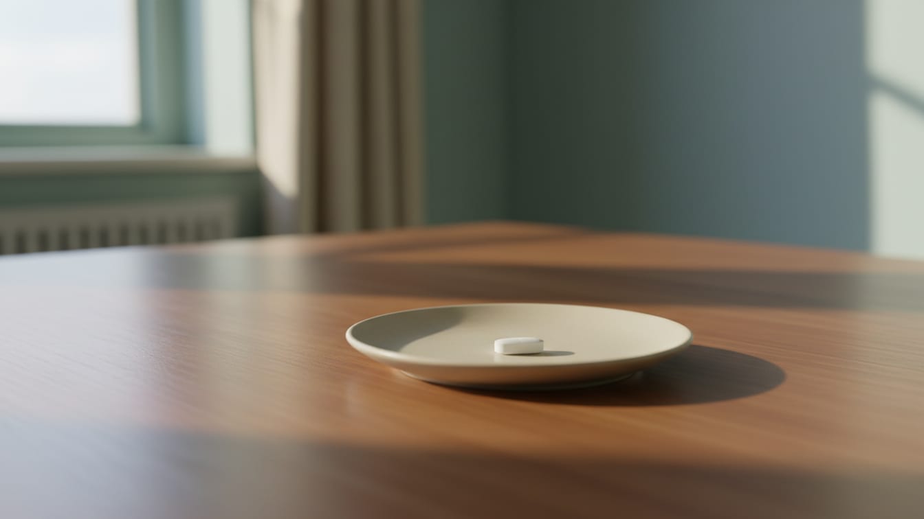 Illustration: A plain white pill on a light ceramic plate on a warm wooden surface in soft natural light.