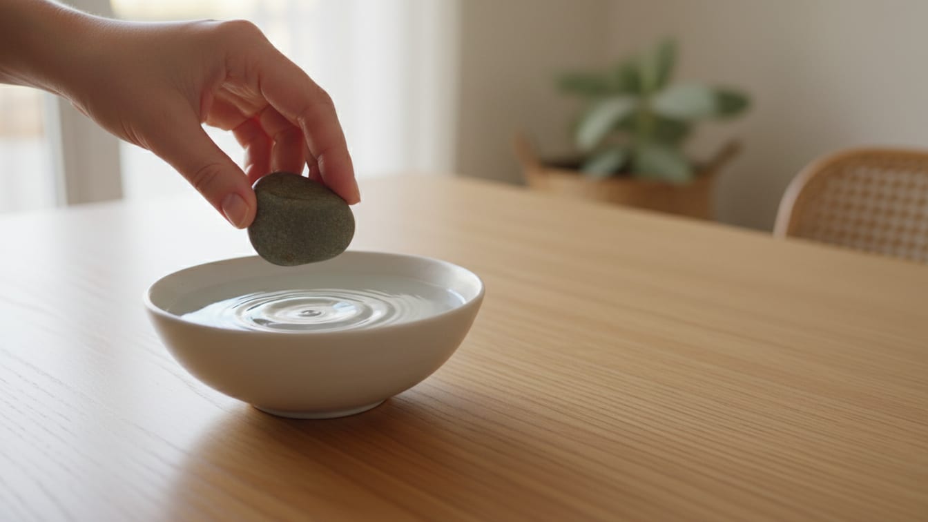 Illustration: A ceramic bowl of water on a wooden surface in soft morning light.