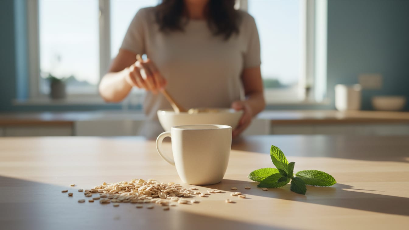 Illustration: A kitchen counter with a ceramic mug, oats, and mint in warm morning light.