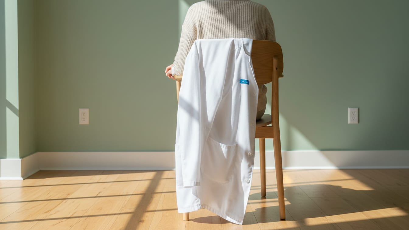 Illustration: A white lab coat on a wooden chair in a neutral room with a sage green wall.
