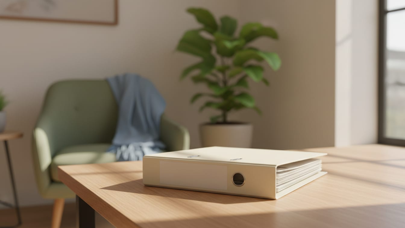 Illustration: An empty cream-colored clinical trial binder on a warm wooden table in natural light.