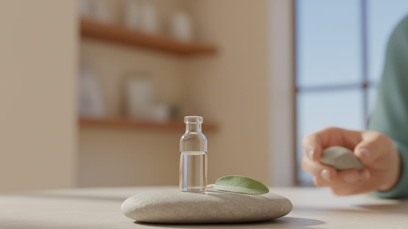 Illustration: A small glass vial and a green leaf on a neutral stone surface with soft light.