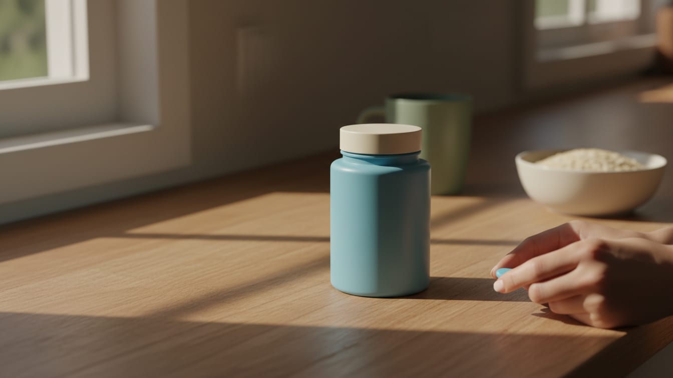 Illustration: A clean, unbranded supplement container on a warm wooden kitchen counter in natural light.