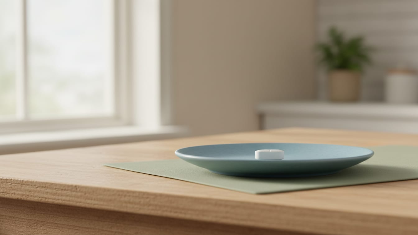 Illustration: A single, plain white pill on a soft blue ceramic saucer, illuminated by warm natural light.