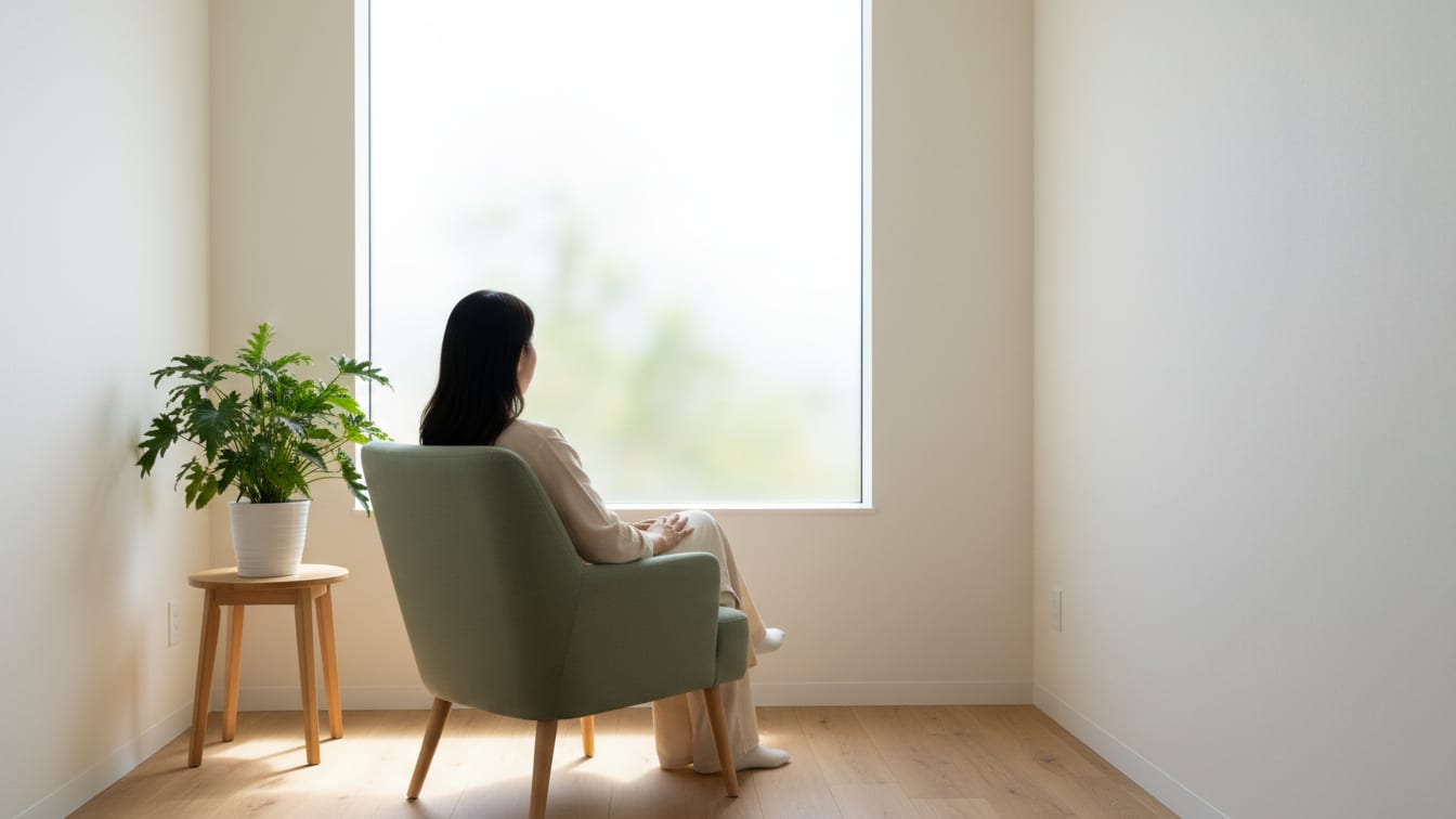 Illustration: A neutral consultation room with a sage green chair, a plant, and natural light from a window.