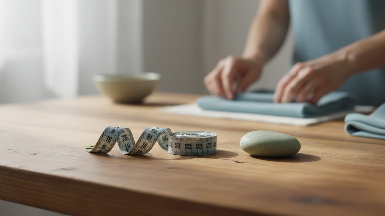 Illustration: A measuring tape and a weight on a wooden surface, lit by soft, natural light.