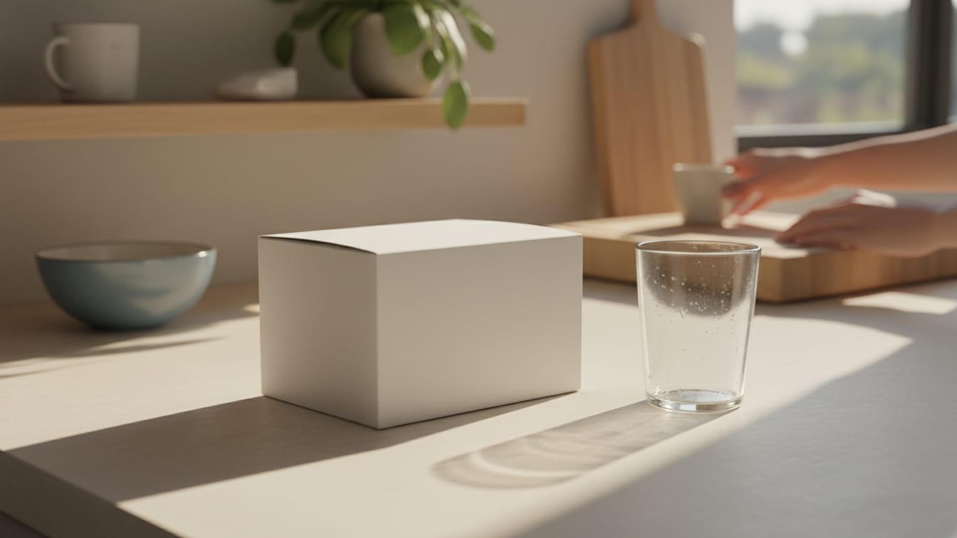 Illustration: A generic white box and an empty glass of water on a kitchen counter in soft morning light.