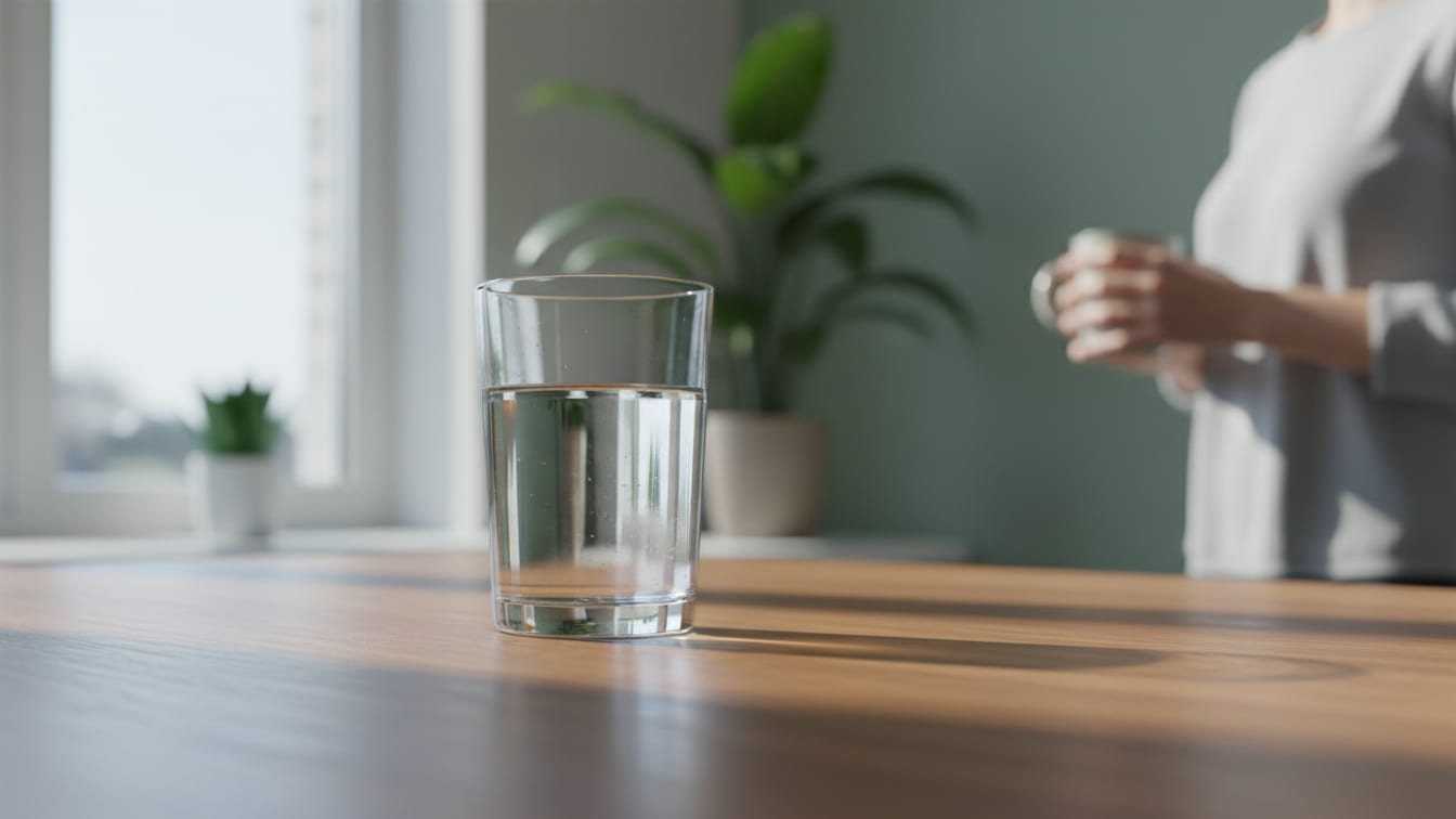 Illustration: A glass of water on a wooden kitchen counter in soft morning light.