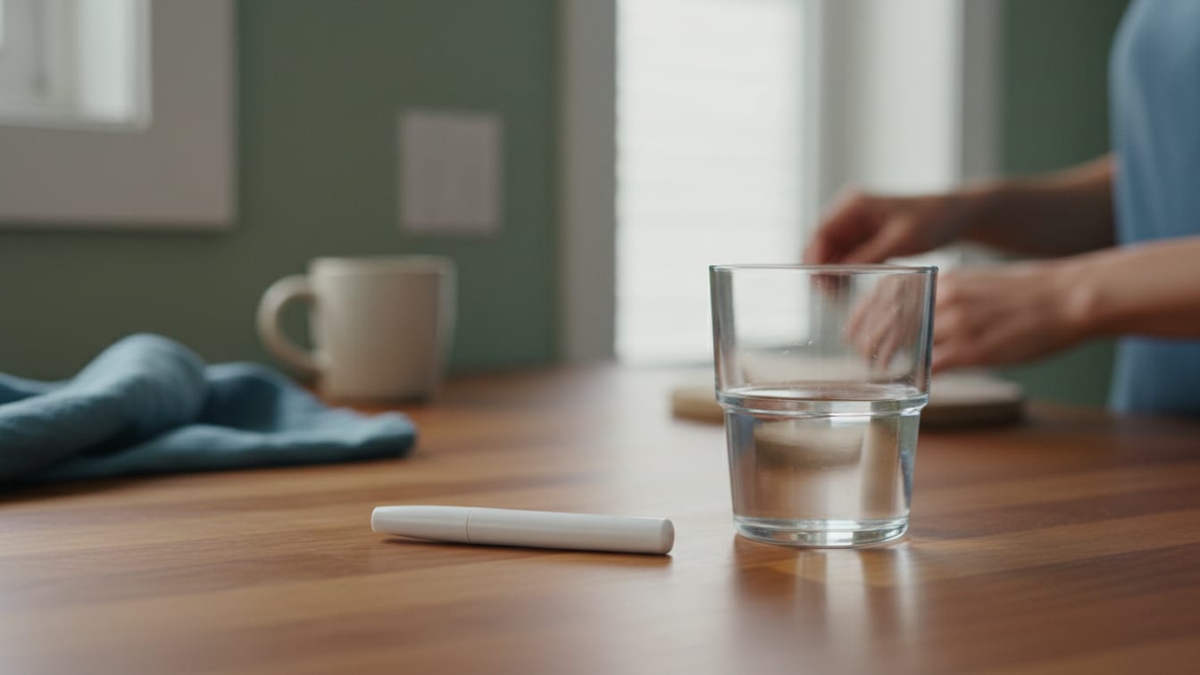 Illustration: An unbranded medication pen and a glass of water on a wooden surface in natural light.