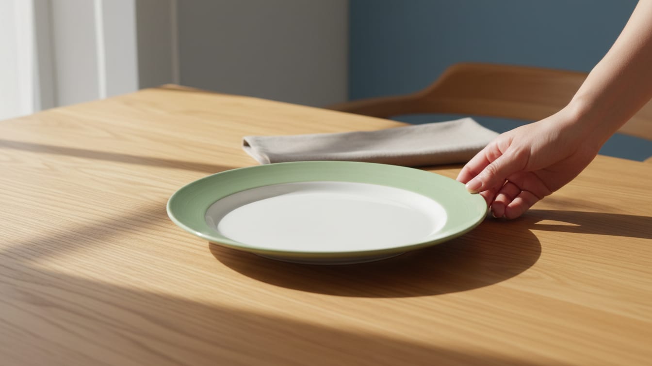 Illustration: An empty ceramic plate with a sage green rim on a light wooden table, lit by natural light.