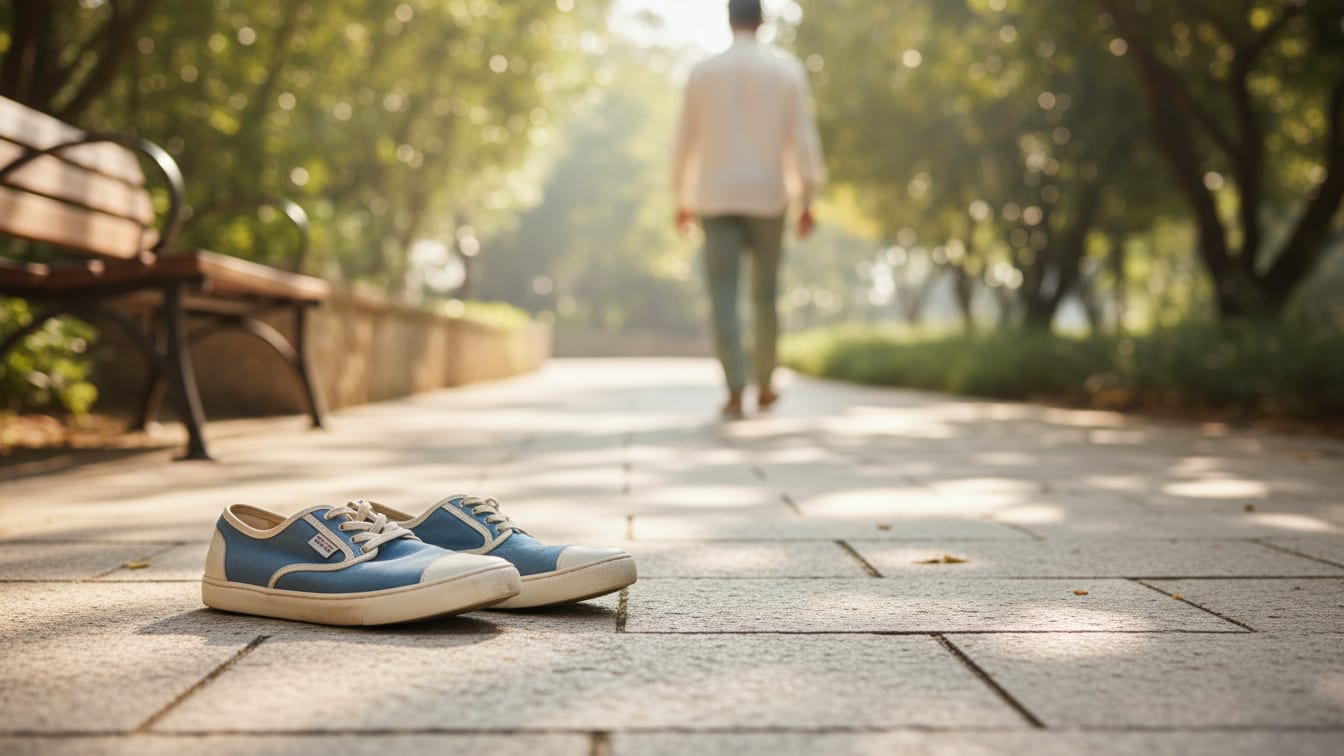 Illustration: A pair of walking shoes on a stone path in soft morning light.