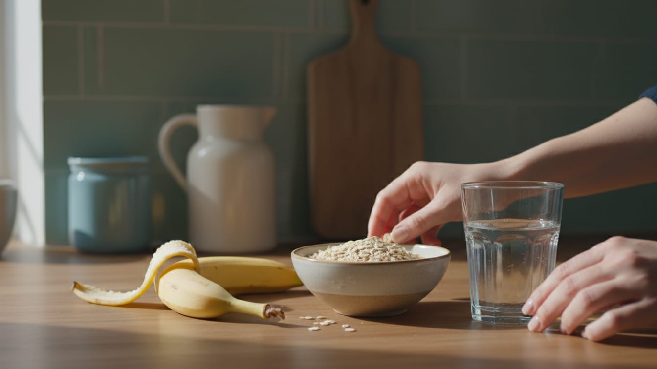Illustration: A partially peeled banana, a bowl of oats, and a glass of water on a kitchen counter in soft light.