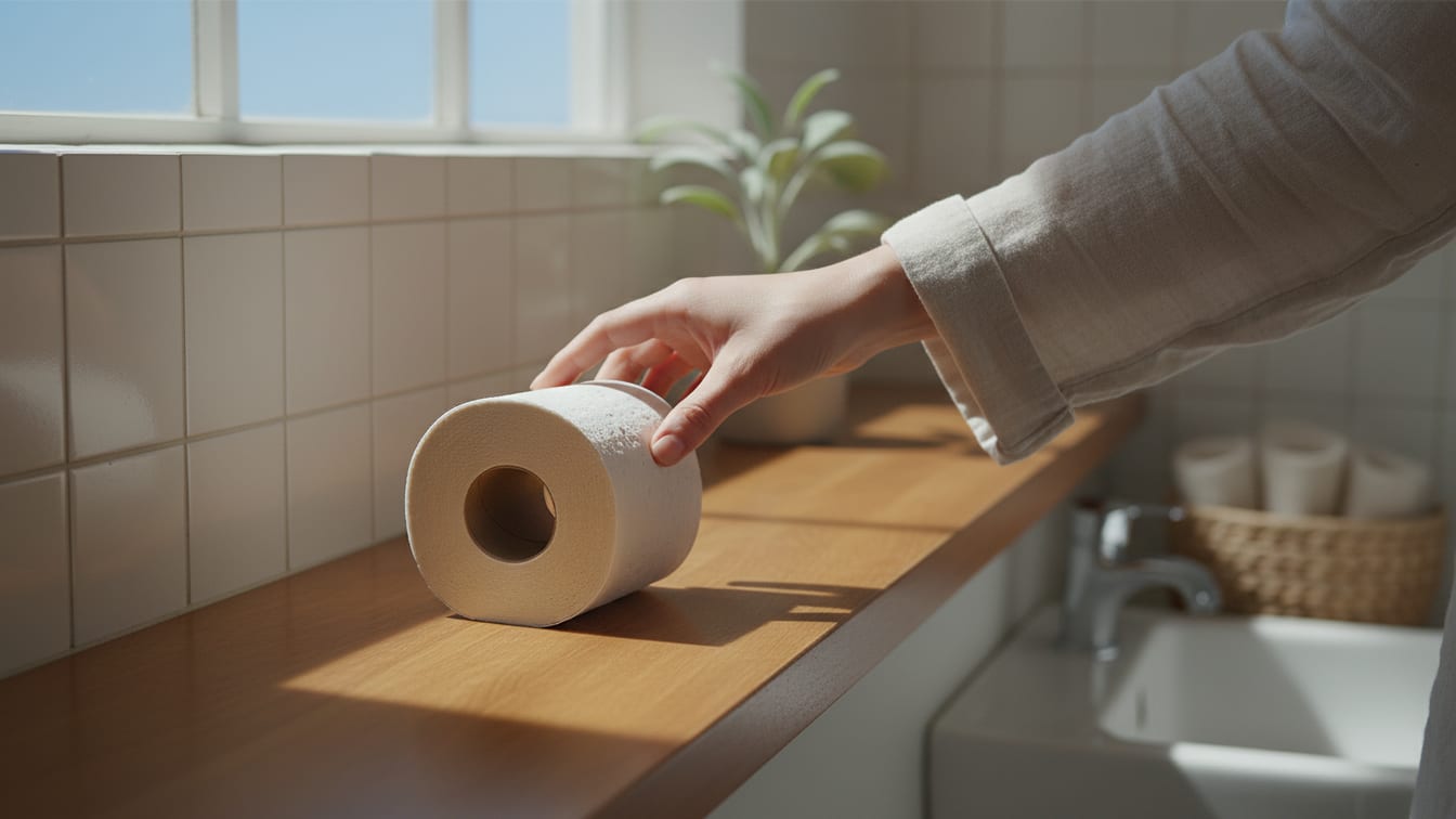 Illustration: A roll of unbleached toilet paper sits on a warm wooden shelf, illuminated by natural light.