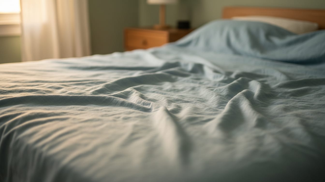 Illustration: A rumpled soft blue linen bedspread bathed in warm morning light, showing an impression of recent rest.
