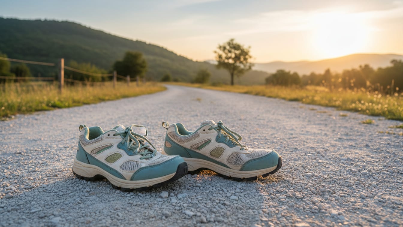 Illustration: Walking shoes on a gravel path in warm morning light, symbolizing a journey.