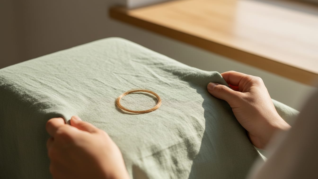 Illustration: A single strand of hair on soft sage green fabric, illuminated by warm natural light.