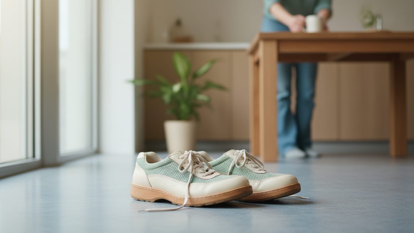 Illustration: Walking shoes on a stone floor in soft, natural light, suggesting a calm, everyday setting.