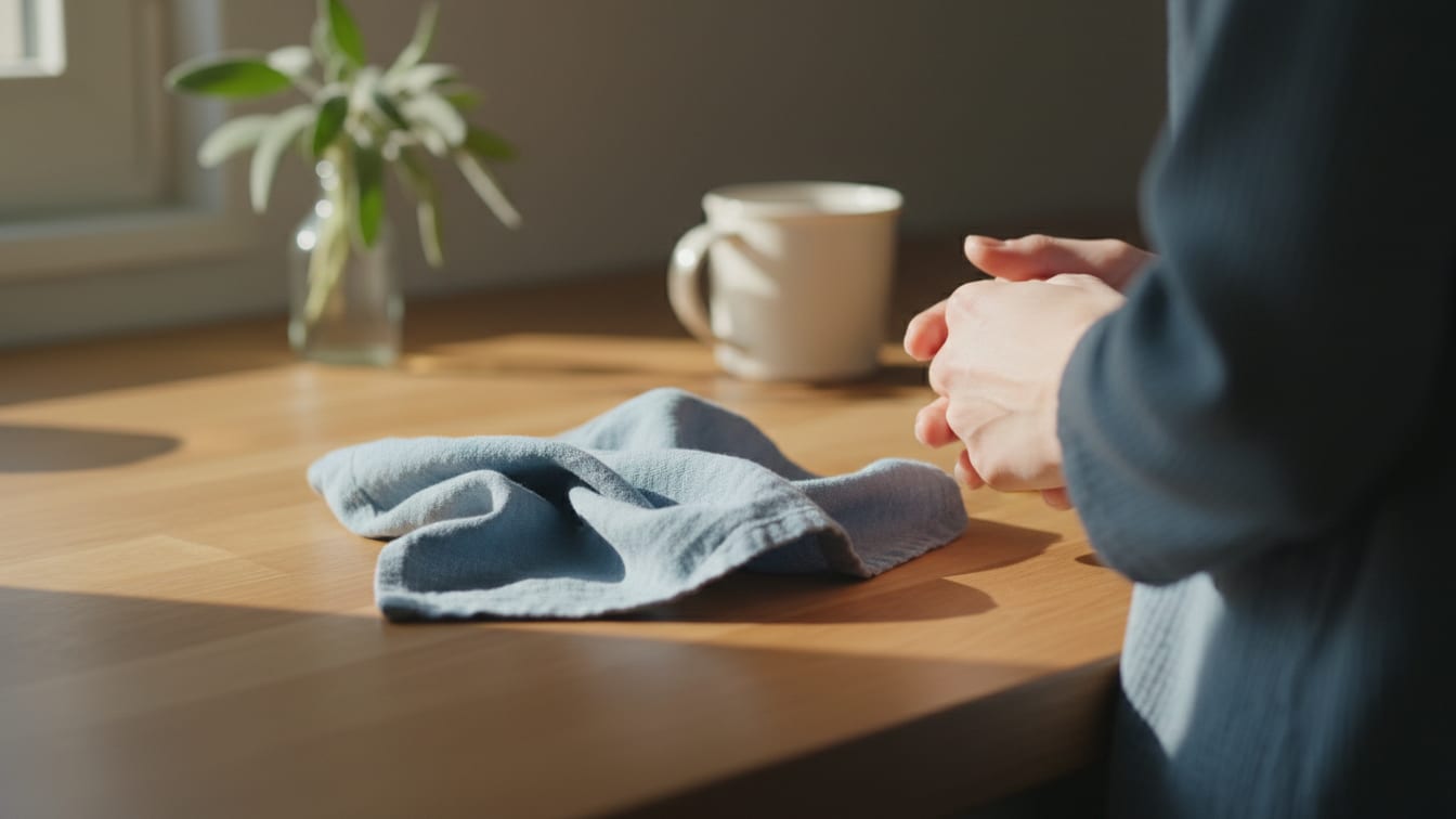 Illustration: A soft blue fabric swatch on a warm wooden surface in natural light.