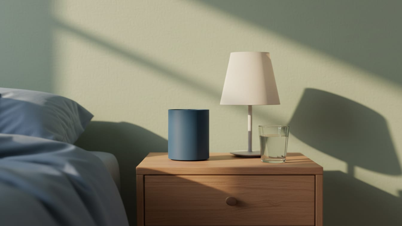 Illustration: A bedside table with a closed alarm clock, a lamp, and a glass of water in soft morning light.