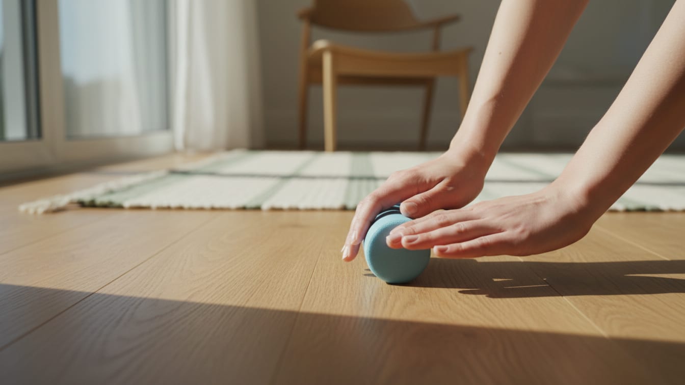 Illustration: Hands gently kneading a small foam roller on a wooden floor in soft natural light.