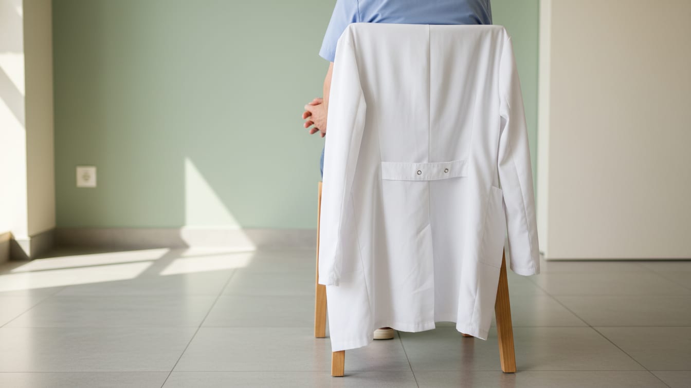Illustration: A white lab coat on a wooden chair in a softly lit, neutral clinic room.