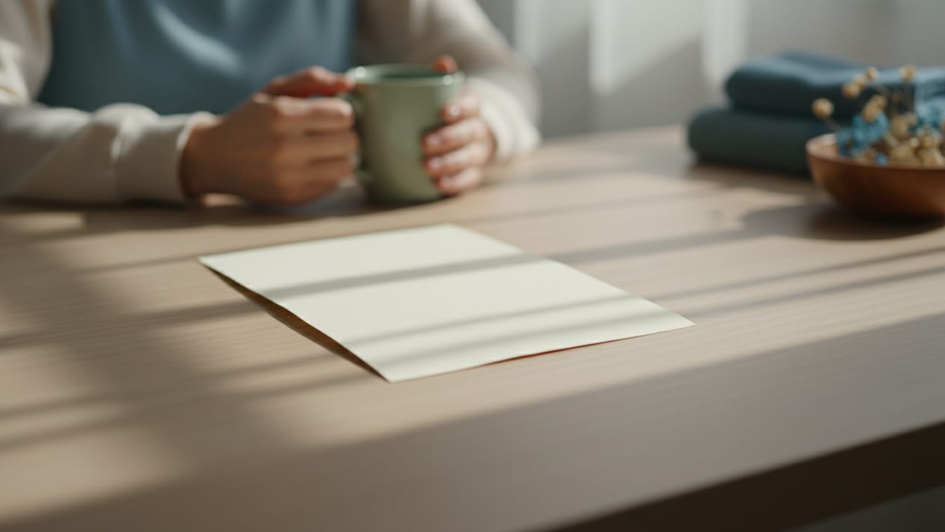 Illustration: A single, blank, folded sheet of paper on a light wooden desk, illuminated by natural light.