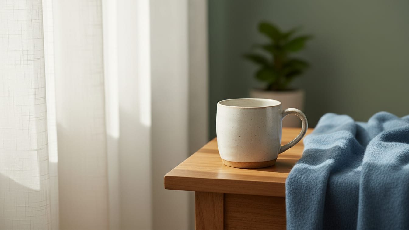 Illustration: A half-filled water mug and a blue blanket on a wooden bedside table in soft light.