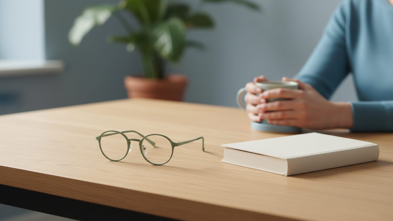 Illustration: Reading glasses and a closed book on a wooden table, softly lit.