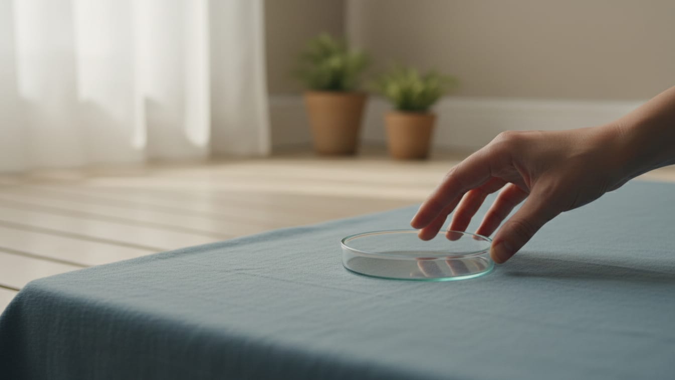 Illustration: An empty white petri dish on a soft blue surface, illuminated by natural light.