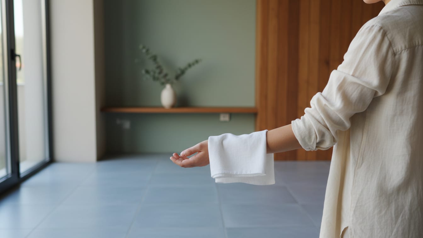 Illustration: An arm from behind applying a cool cloth to skin, suggesting relief in natural light.