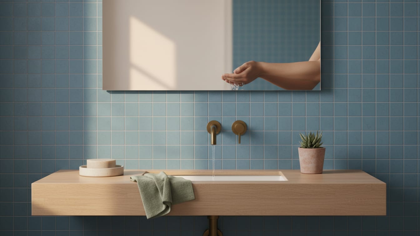Illustration: A minimalist bathroom with soft blue tiles and a mirror reflecting natural light.