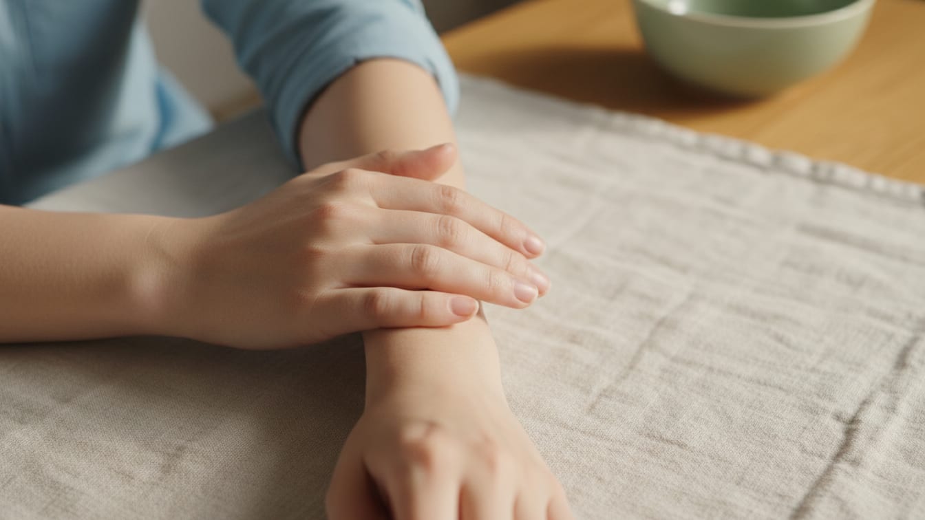 Illustration: Hands gently touching an arm, conveying a sense of sensitivity or tenderness.