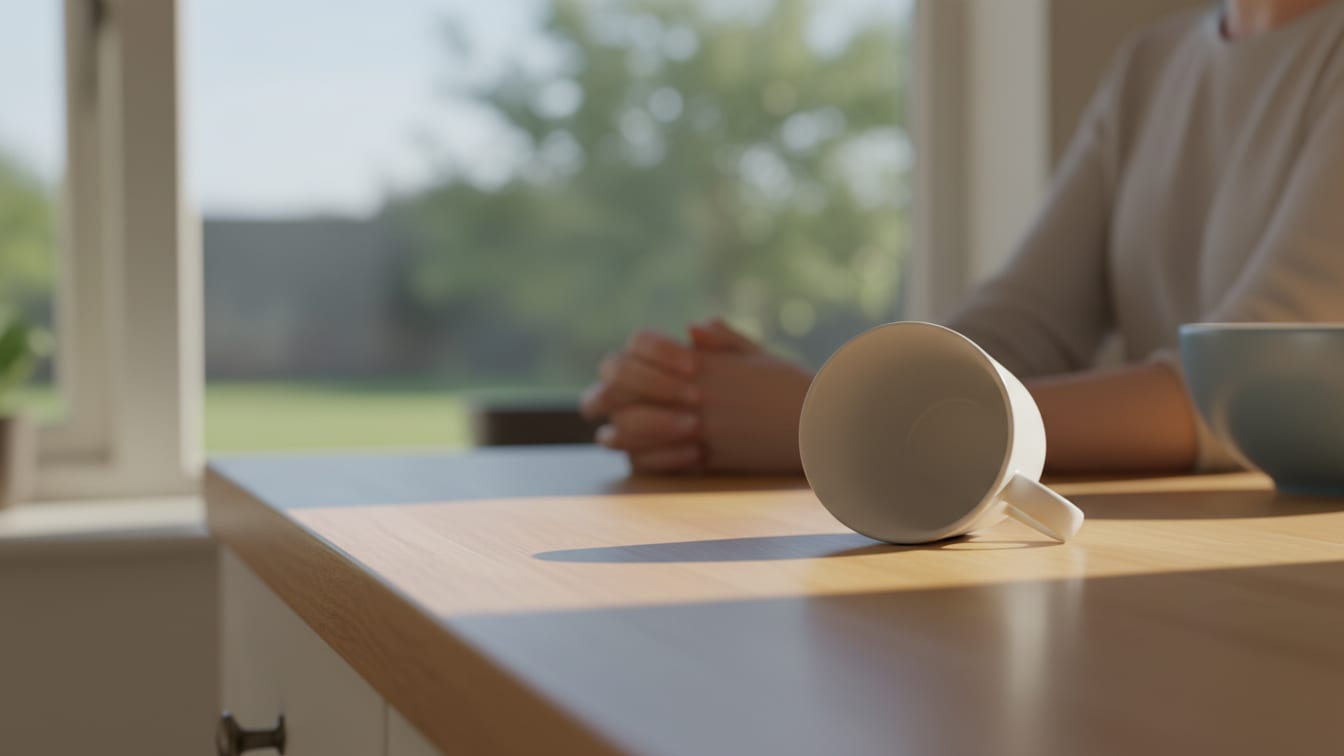 Illustration: An inverted white ceramic cup on a warm wooden counter in soft morning light.