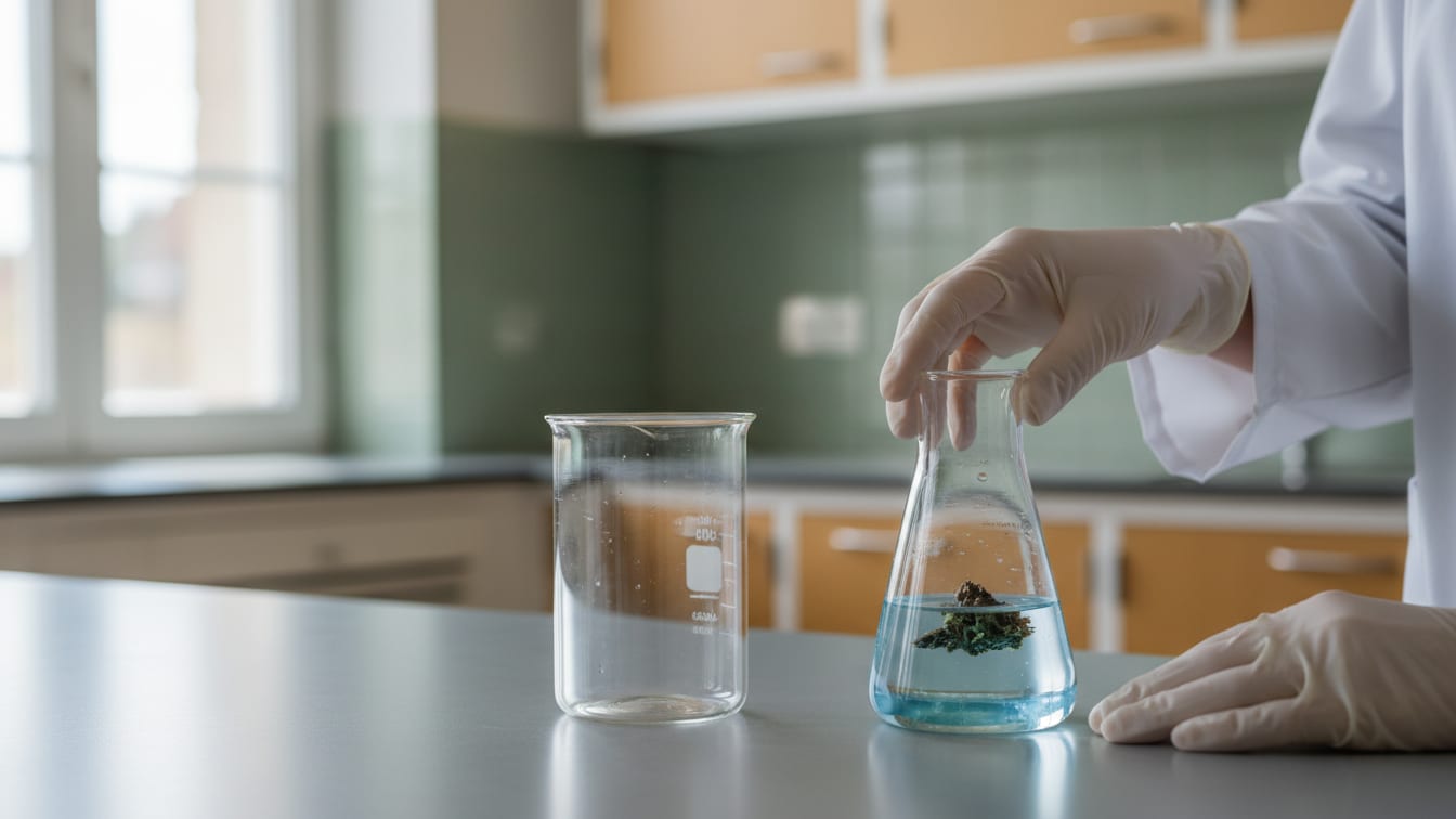 Illustration: Two laboratory beakers, one with a sample, on a neutral countertop under natural light.