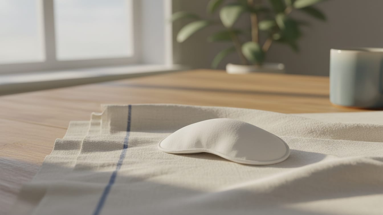 Illustration: A plain white eye patch on soft blue linen, illuminated by warm natural light.