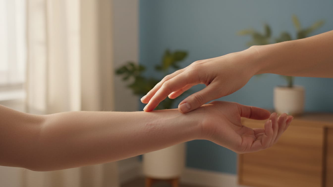 Illustration: One hand lightly touching the inner forearm of another in a softly lit room.