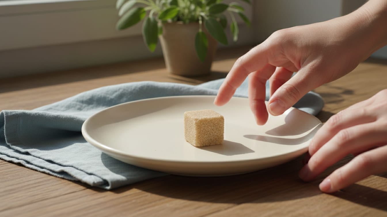 Illustration: A single sugar cube on a ceramic plate, representing a precisely measured quantity.